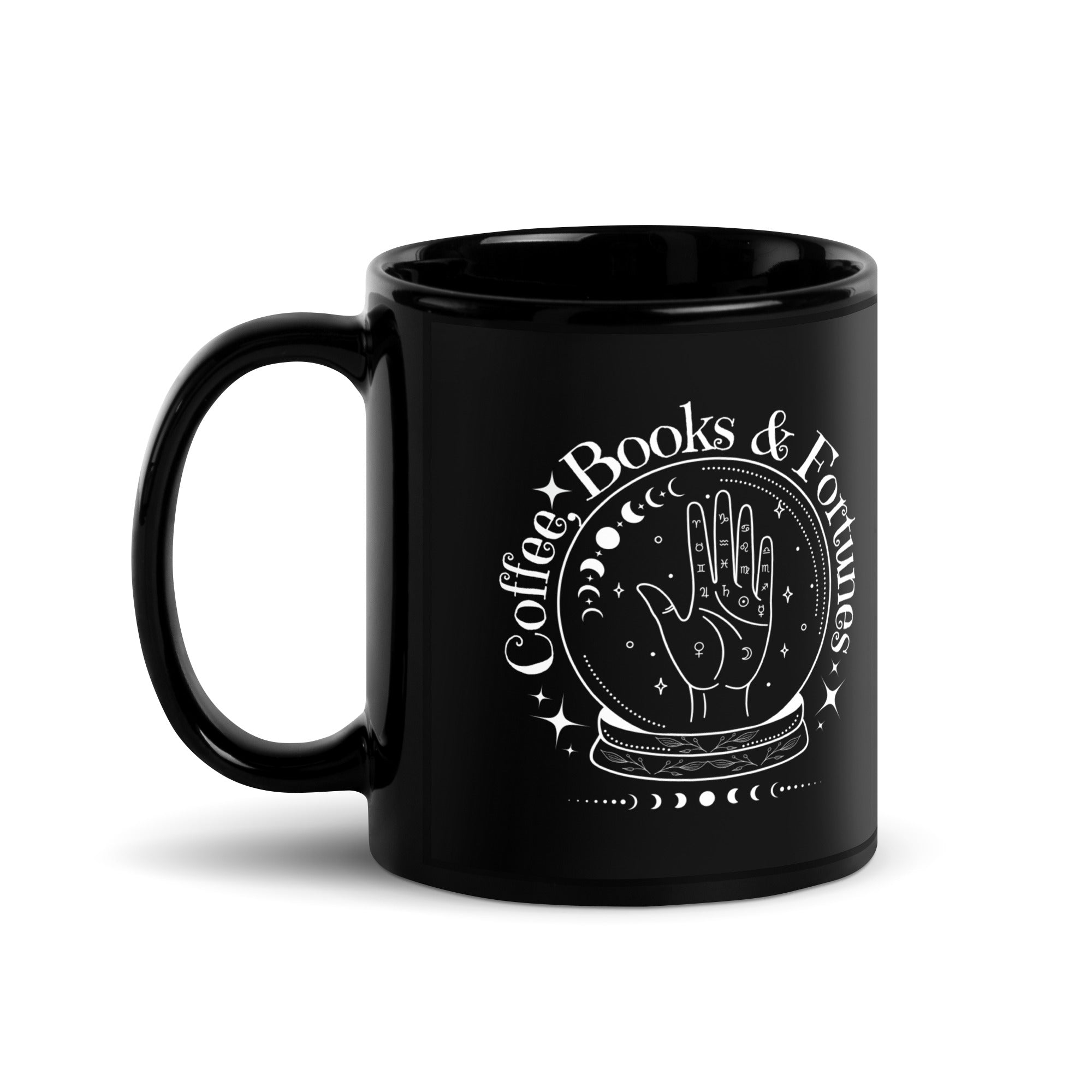 Fortunes books and coffee Black Glossy Mug